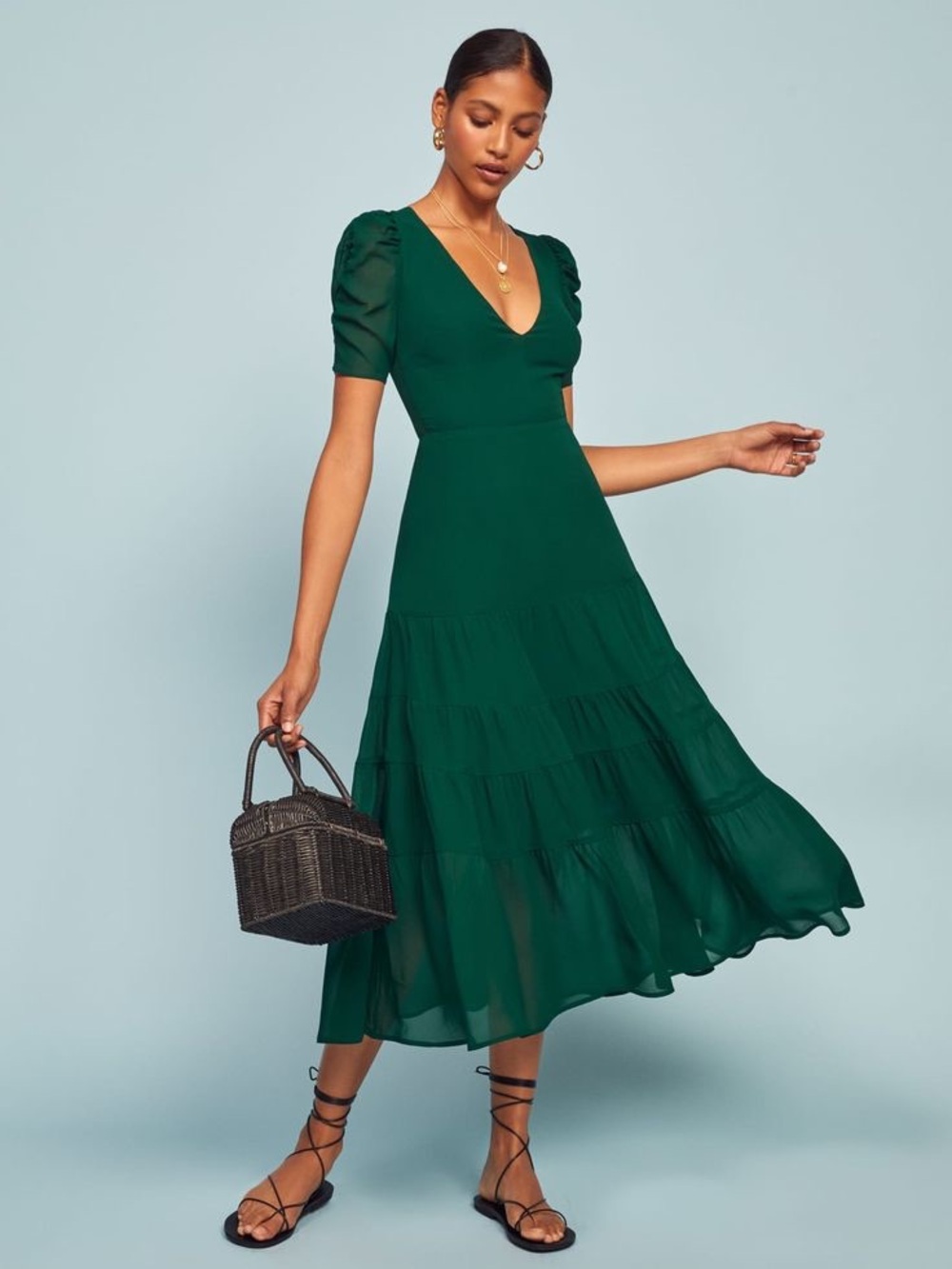 Reformation Cosa V-Neck Tiered Midi Dress in Emerald Green